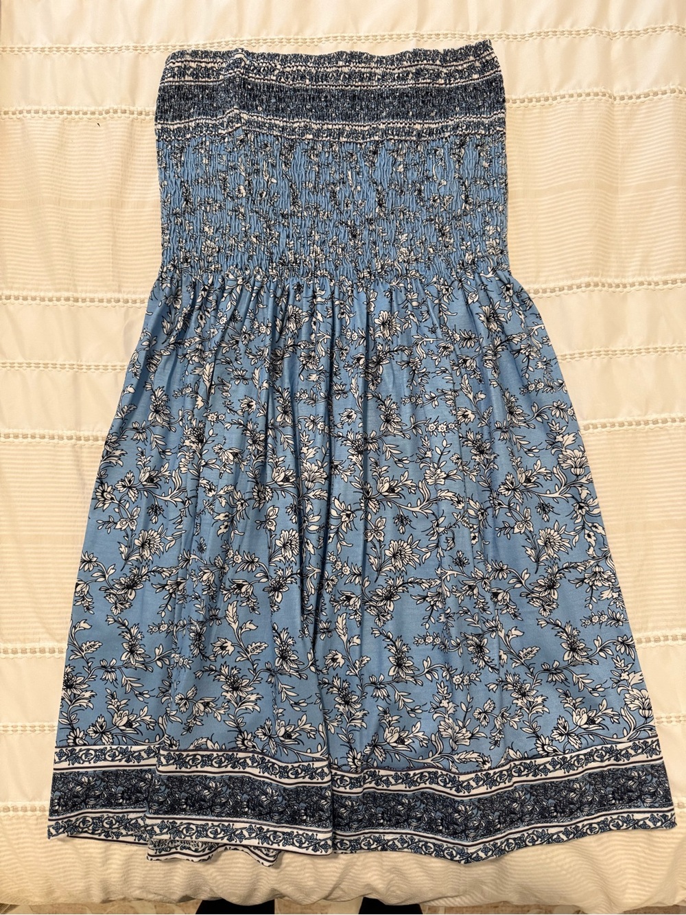 Blue Floral Smocked Strapless Sundress
